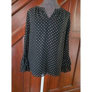 Talbots Petites Black & Silver Polka Dot Blouse With Ruffle Sleeves Size LP